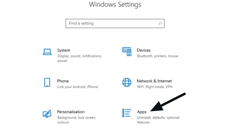   Windows - بر روی برنامه های کاربردی کلیک کنید 