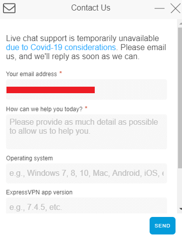   گفتگوی زنده ExpressVPN - پشتیبانی - در حین همه گیری نوزدهم در دسترس نیست 