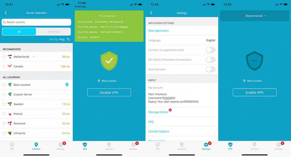   عکسهای صفحه برنامه iOS. hide.me 