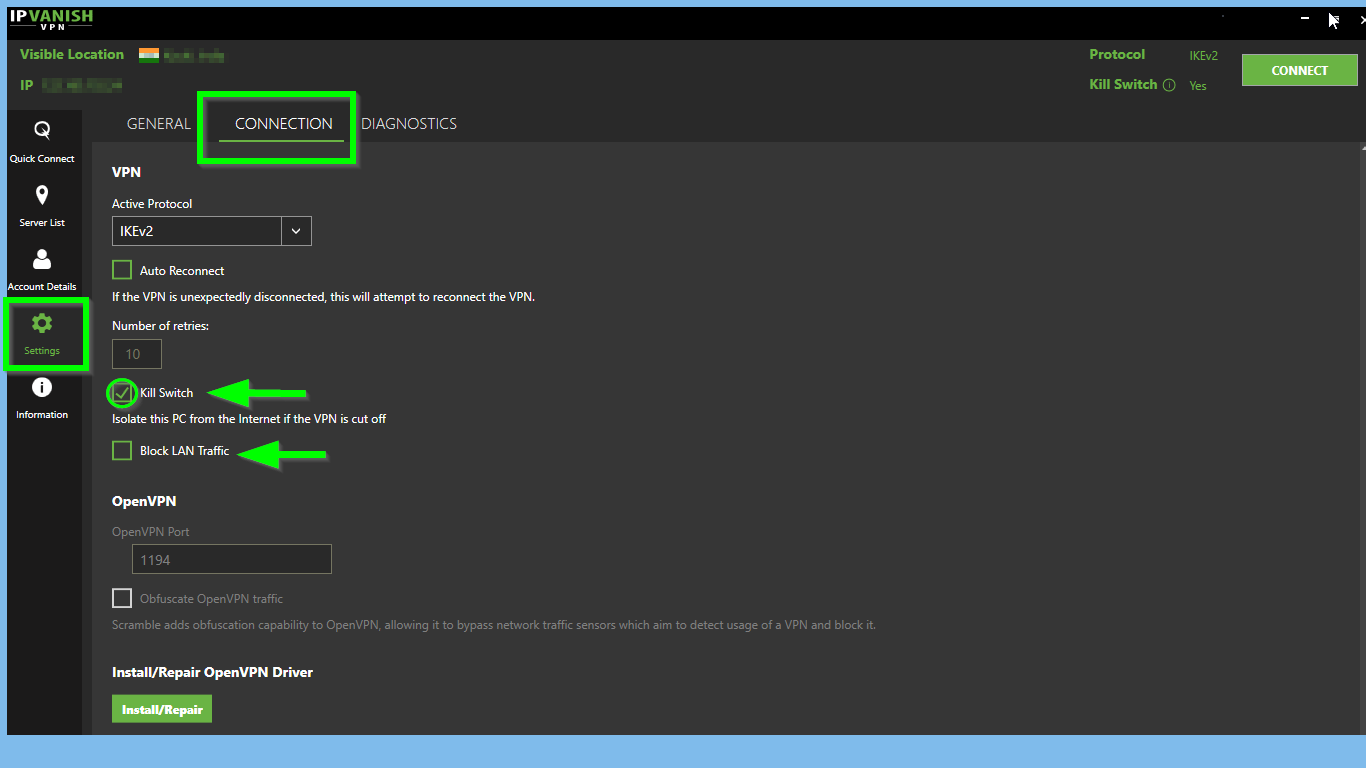  روشن کردن IPVanish Kill Switch برای ویندوز 